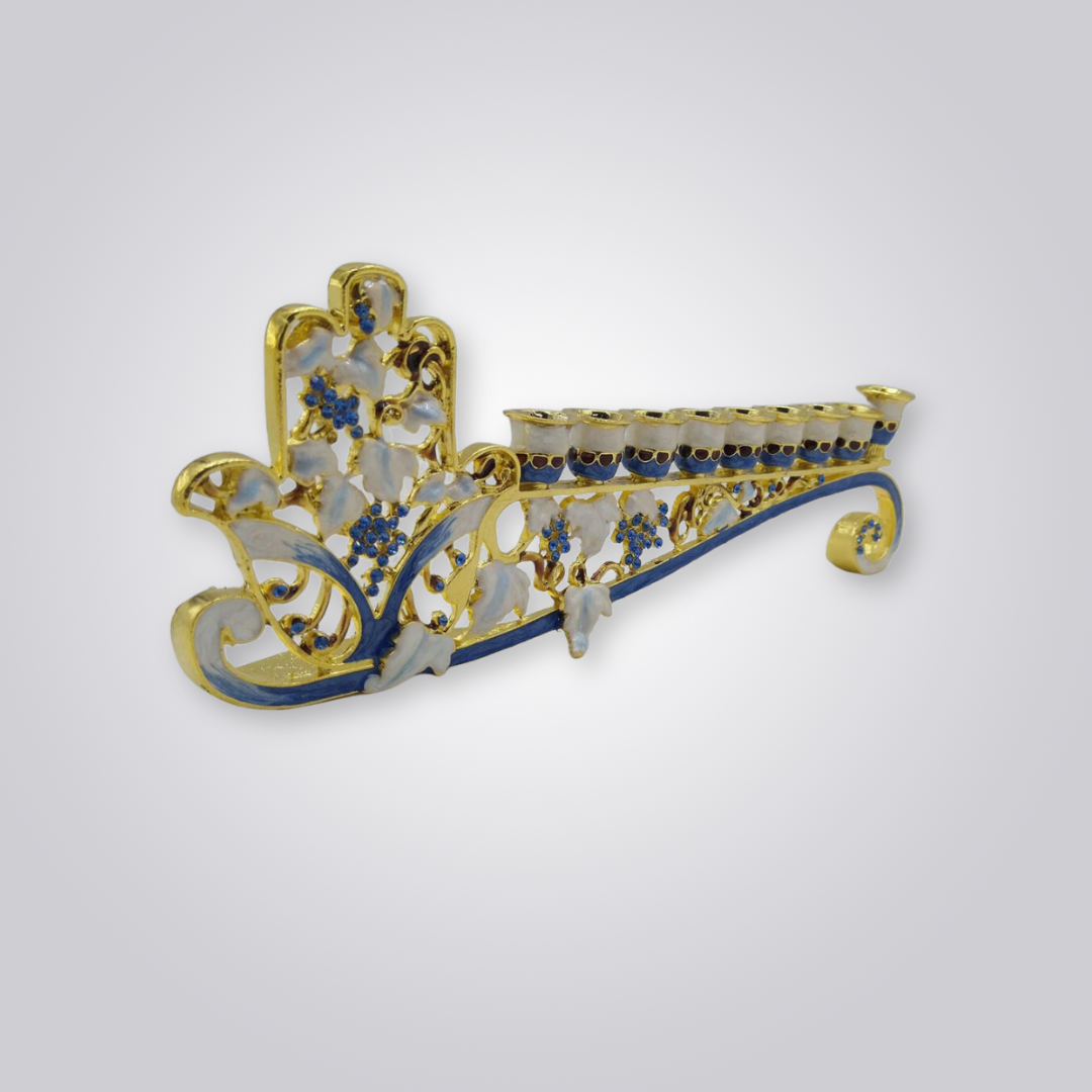 Chanukiá Floral com Chamsa Azul e Dourado